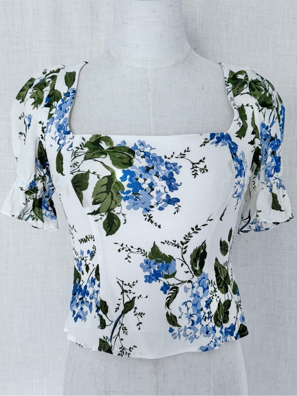 Reformation Constance Floral Print Puff Sleeve Top White Blue Green Size 0